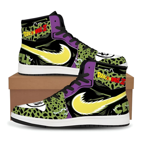 Une paire de chaussures de sport montantes noires et vertes à l'effigie de Cell, un personnage de Dragon Ball Z.,CH-1731281145,CH-3409563830,CH-199050177X,CH-2949000541,CH-7438699013,CH-1183480679,CH-762873040X,CH-1967699070,CH-3681014310,CH-3147448371,CH-453826735X,CH-6462089121,CH-839081952X