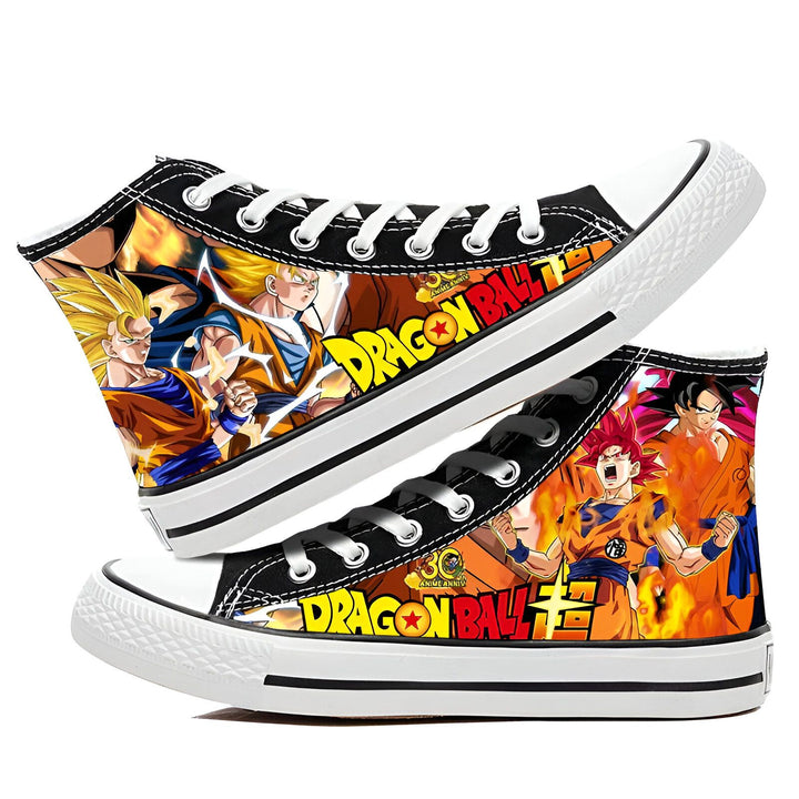 Une paire de chaussures montantes blanches avec une image de Son Goku, un personnage de Dragon Ball Z.,CH-9308554882,CH-2939855099,CH-5411923506,CH-5405802360,CH-8839182020,CH-3629007678,CH-2105745946,CH-7240061477