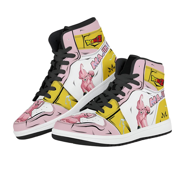 Une paire de chaussures de sport montantes roses et blanches avec des lacets noirs. Les chaussures sont à l'effigie du personnage Majin Buu de la série Dragon Ball Z.,CH-7232684525,CH-0003211452,CH-784557533X,CH-1172141657,CH-8449383005,CH-1800377959,CH-2065855347,CH-014176595X,CH-499526972X,CH-1662308523,CH-3908039746,CH-7782054230,CH-1970501383