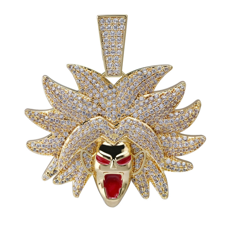 Un pendentif en or représentant le visage de Son Goku, un personnage de la série animée Dragon Ball Z.