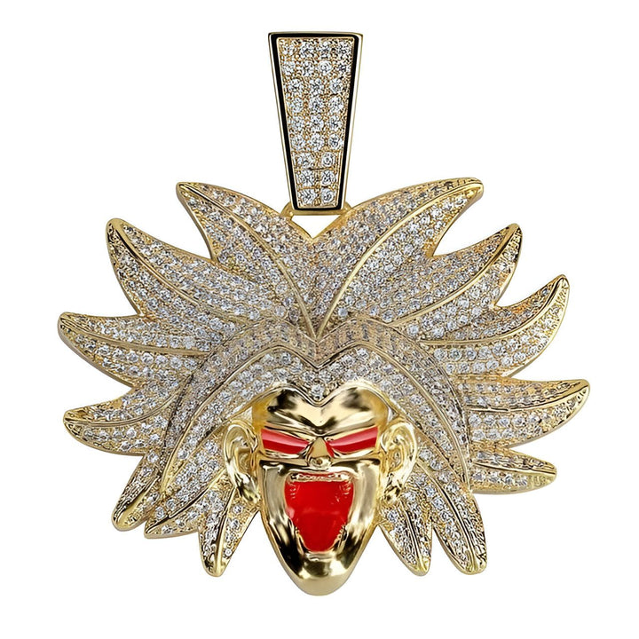 Le pendentif représente le visage de Son Goku, un personnage de la série animée Dragon Ball Z. Il est représenté avec les cheveux jaunes et les yeux rouges, et porte une expression de colère. Le pendentif est en or et serti de diamants.
