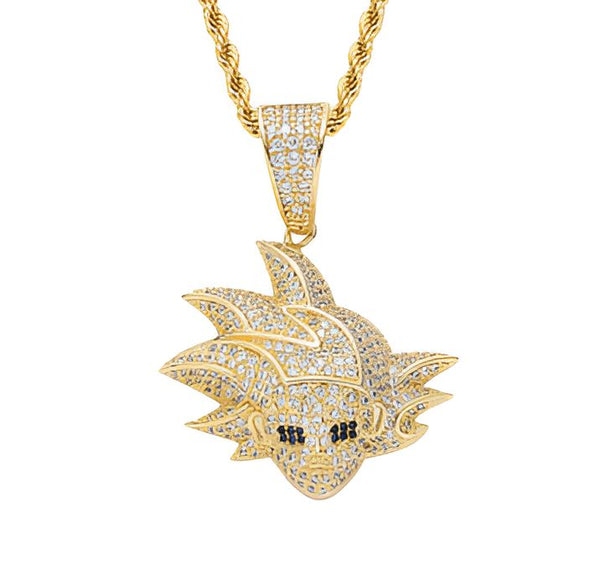 Un pendentif en or avec une chaîne en or. Le pendentif représente le visage de Son Goku, un personnage de la série animée Dragon Ball Z.,CO-8940062019,CO-702849747X