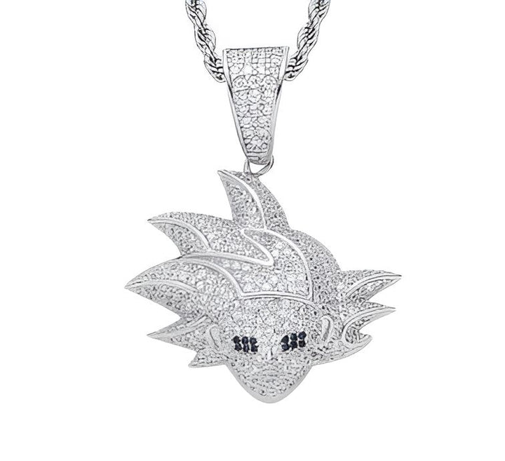 Un pendentif en forme de tête de Son Goku, un personnage de la série animée Dragon Ball Z. Le pendentif est en argent et serti de zircons cubiques.,CO-8940062019,CO-702849747X