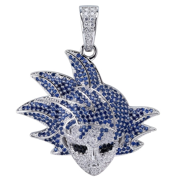 Un pendentif en forme de tête de Goku, un personnage de la série animée Dragon Ball Z. Le pendentif est en argent et serti de pierres précieuses bleues et blanches.,CO-7374765312,CO-2730750045,CO-4728369412,CO-3246575002,CO-940090018X,CO-8028208703,CO-8175015810,CO-216427203X,CO-7081600387,CO-6396082934,CO-1611044464,CO-838048603X