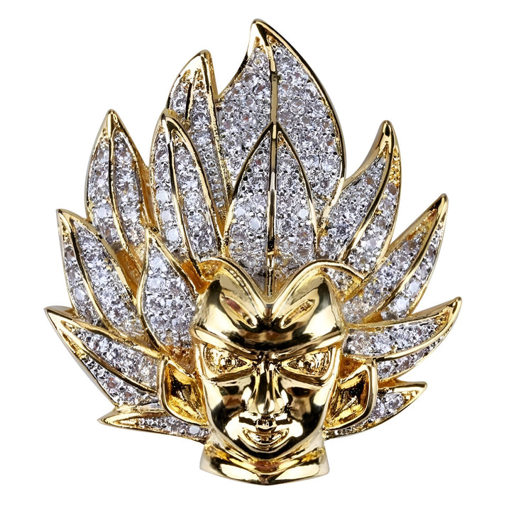 L'image représente un pendentif en or en forme de tête de Sangoku, un personnage de la série animée Dragon Ball Z. Le pendentif est serti de diamants et a une chaîne en or.,CO-9532606661,CO-7467828659,CO-7888845169