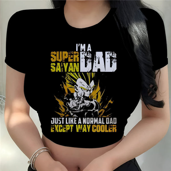 Une image d'un t-shirt noir avec un texte en français "I'm a super saiyajin dad just like a normal dad except way cooler".,CR-4247202863,CR-3656924562,CR-8793612737,CR-0437190250,CR-9640348759,CR-7578009451,CR-0412121697