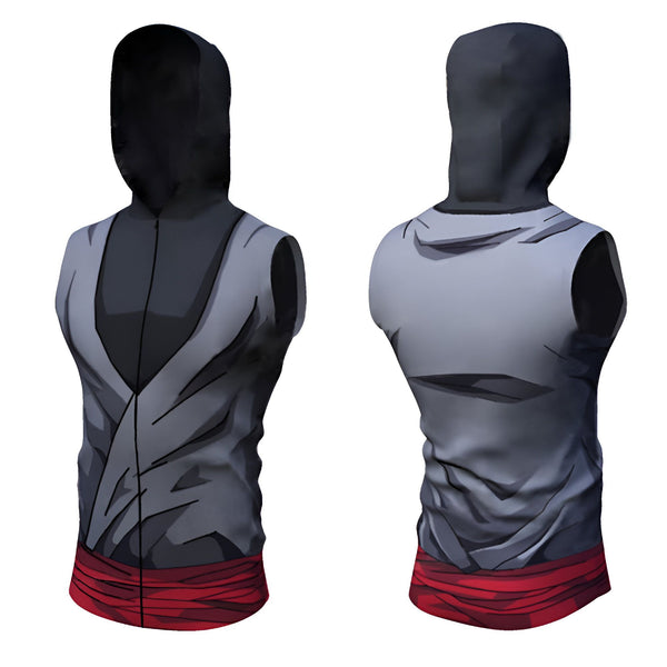 Une image d'un débardeur à capuche noir et gris avec une ceinture rouge.,DS-2466173735,DS-0975952633,DS-9842387496,DS-7654156391,DS-9516079873,DS-6812597422,DS-2396056123