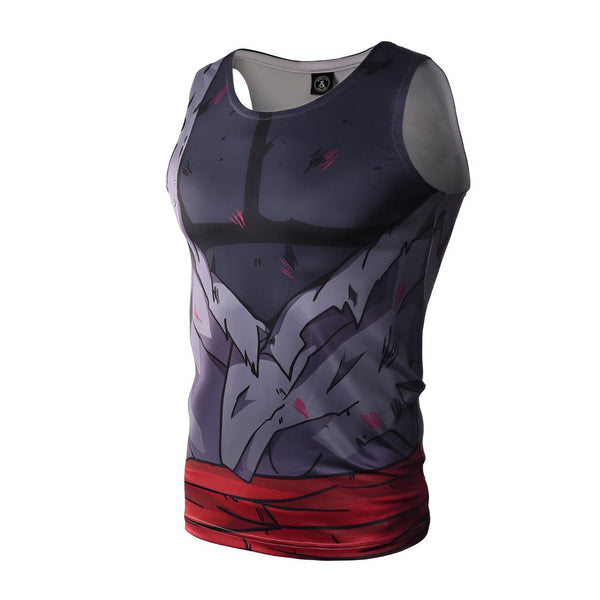 Voici un débardeur Dragon Ball Z. Il est noir et gris avec des déchirures et des éraflures. Il y a une ceinture rouge autour de la taille.,DS-4047599255,DS-2512076253,DS-4881455028,DS-0946741298,DS-2293702103,DS-0741294826