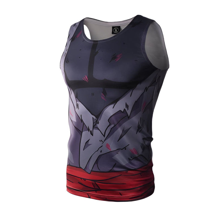 Voici un débardeur Dragon Ball Z. Il est noir et gris avec des déchirures et des éraflures. Il y a une ceinture rouge autour de la taille.,DS-4047599255,DS-2512076253,DS-4881455028,DS-0946741298,DS-2293702103,DS-0741294826