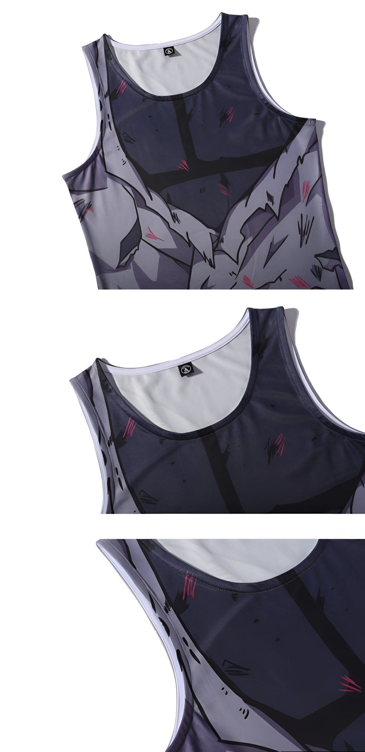 Le haut est noir avec un motif de corps musclé gris et des éclairs rouges.,DS-4047599255,DS-2512076253,DS-4881455028,DS-0946741298,DS-2293702103,DS-0741294826