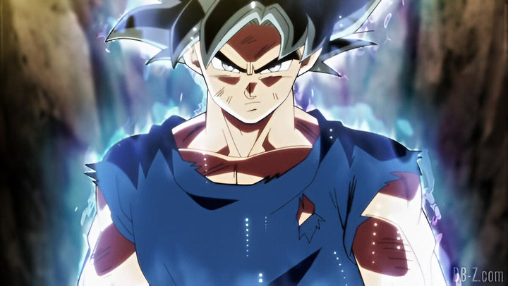 Une image de Son Goku, un personnage de la série animée Dragon Ball Super. Il est en train de se transformer en Super Saiyan Blue, une transformation qui lui donne des cheveux bleus et une aura bleue. Il est entouré d'une aura bleue et blanche.,DS-4772847006,DS-8940027949,DS-0514493763,DS-8761955310,DS-5533548734