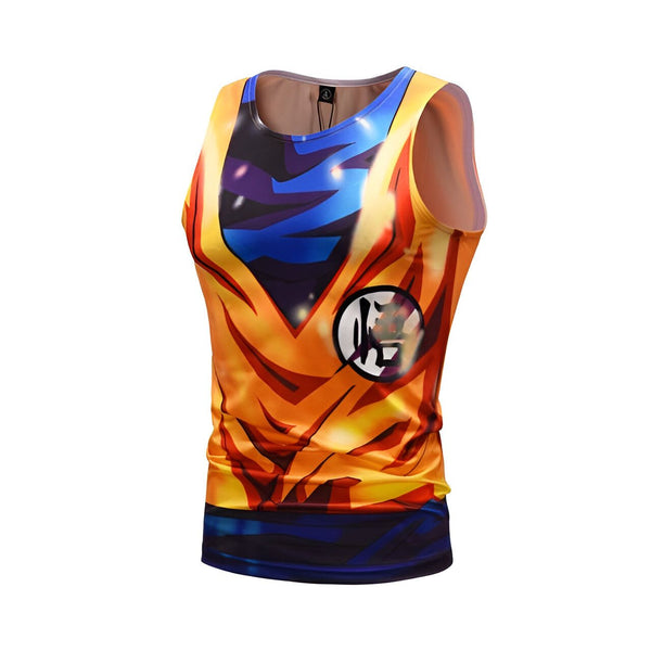 Le débardeur représente le personnage de Son Goku dans la série animée Dragon Ball Z. Il est vêtu de sa combinaison orange et bleue caractéristique, et le symbole de la tortue Kame est visible sur son torse.,DS-6926503168,DS-3884893807,DS-4830186895,DS-2946997049,DS-6250709541