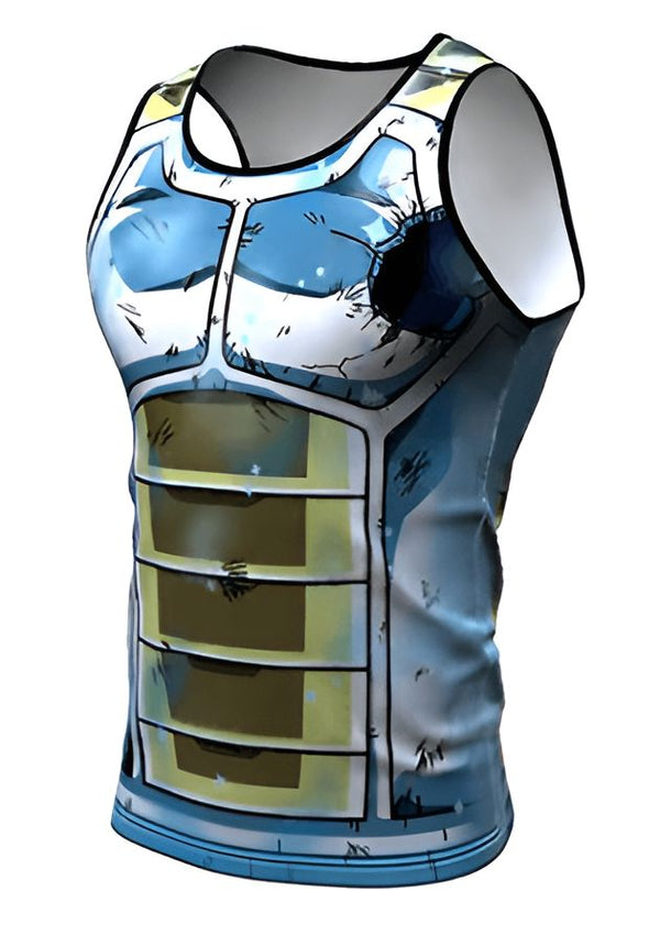 Le débardeur représente le personnage de Vegeta, un Saiyan de la série Dragon Ball Z. Il est vêtu de son armure de combat bleue et jaune.,DS-8291079412,DS-9630057565,DS-1057126330,DS-6052413069,DS-3808020423