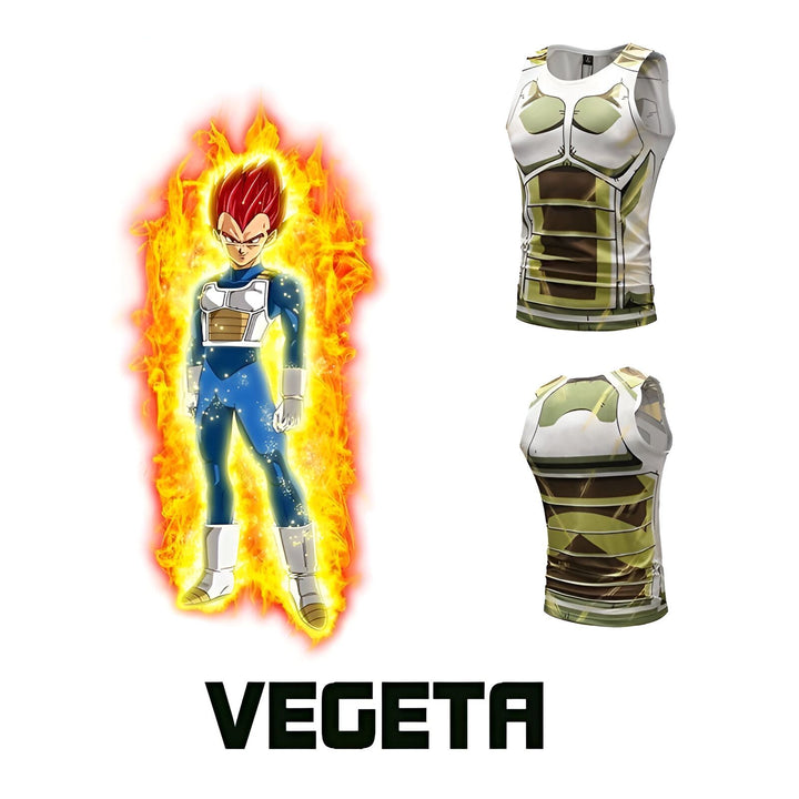 L'image montre un débardeur Dragon Ball Z Vegeta. Le débardeur est vert et jaune avec une image de Vegeta, un personnage de la série, sur le devant.,DS-4350714316,DS-5899161361,DS-8842696048,DS-3597754805,DS-4763408631