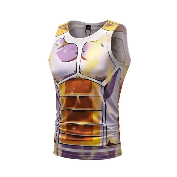 L'image représente un débardeur Dragon Ball Z. Il est jaune et blanc avec des motifs orange et noirs.,DS-8673451779,DS-2339110882,DS-6976887709,DS-063255777X,DS-3144972576
