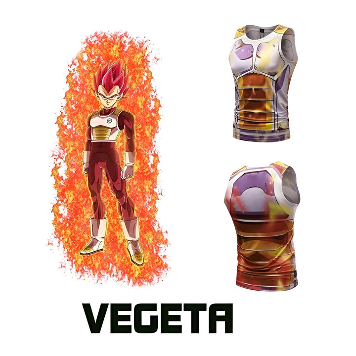 L'image montre un débardeur Dragon Ball Z Vegeta. Le débardeur est orange et bleu avec une image de Vegeta, un personnage de la série, sur le devant.,DS-8673451779,DS-2339110882,DS-6976887709,DS-063255777X,DS-3144972576