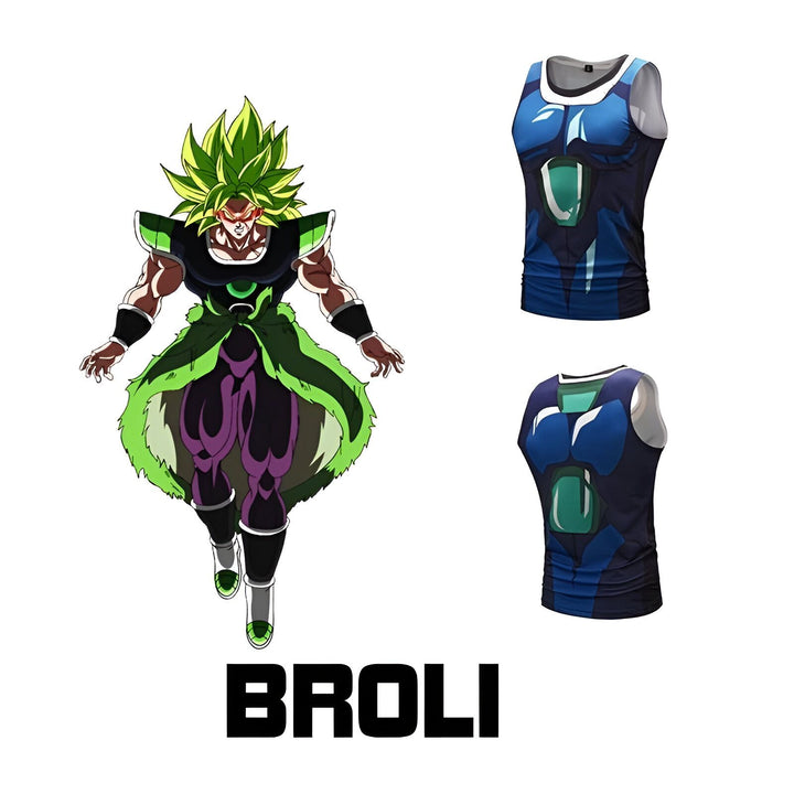 L'image montre un personnage de Dragon Ball Z, Broly, qui est un Saiyan légendaire. Il est grand et musclé, avec des cheveux verts et des yeux bleus. Il porte une armure bleue et verte. À côté de lui se trouve un débardeur porté par Broly dans Dragon Ball Super.,DS-4960329742,DS-3595230574,DS-8076151929,DS-2075937532,DS-7309226542
