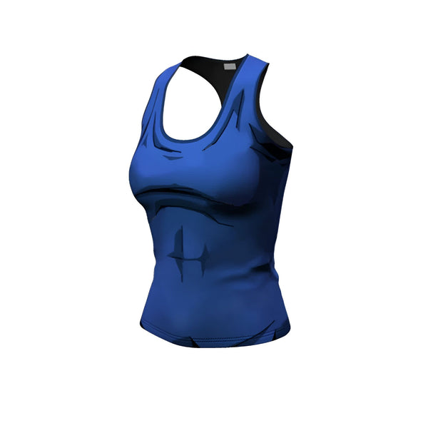 L'image représente un débardeur moulant bleu pour femme avec un col rond et des bretelles fines. Le débardeur est orné d'un motif de lignes noires qui dessinent les contours des muscles abdominaux.,DS-0895951231,DS-3054315983,DS-3478883393,DS-117651993X,DS-867122905X,DS-2991405031,DS-8890803614
