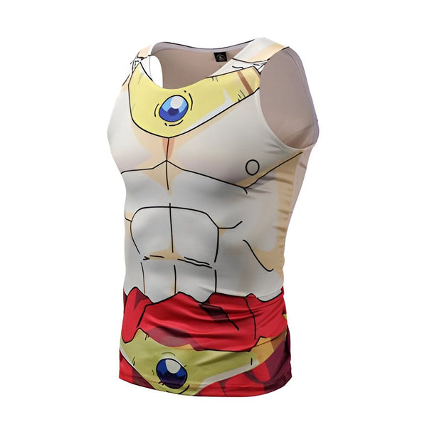 Le débardeur représente le personnage de Broly dans Dragon Ball Z. Il est vêtu d'une armure jaune et rouge et a les cheveux verts.,DS-8424631676,DS-0742065472,DS-4564814931,DS-3435247045,DS-789742345X