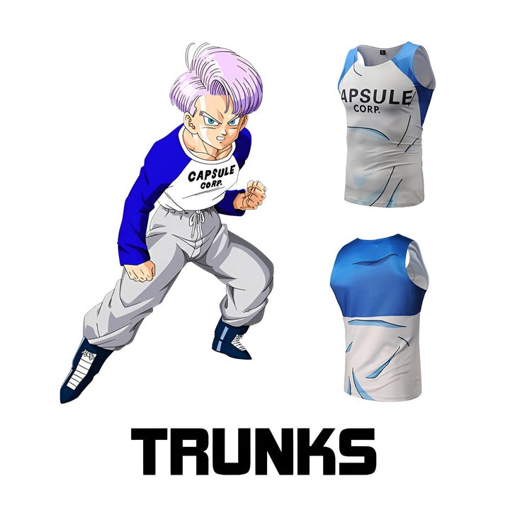 Une image de Trunks, un personnage de Dragon Ball Z. Il porte une combinaison bleue et blanche avec le logo Capsule Corp.,DS-9524993228,DS-9980486287,DS-4995892451,DS-3150793106,DS-472620792X