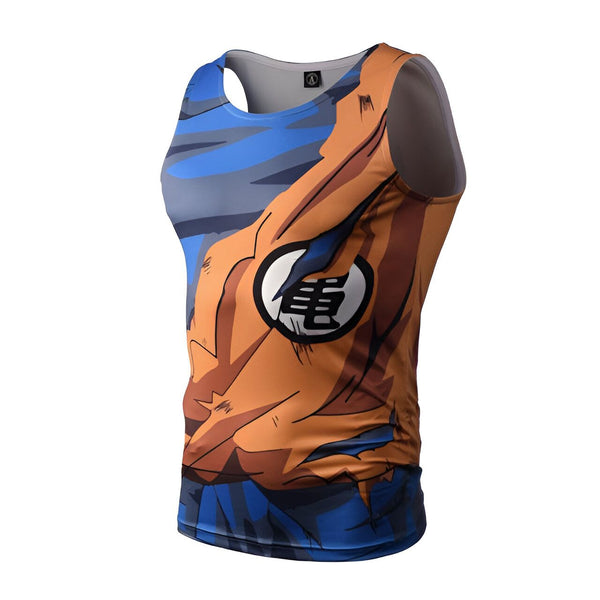 Le débardeur représente le personnage de Son Goku, un Saiyan, dans la série animée Dragon Ball Z. Il est vêtu de sa combinaison de combat orange et bleue déchirée, laissant apparaître le symbole de la tortue sur son torse.,DS-102924880X,DS-0246837772,DS-1412378486,DS-172070340X,DS-2462884068,DS-5627603399