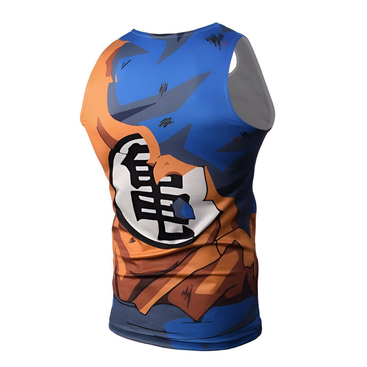Le dos d'un débardeur bleu et orange avec le symbole de Goku de Dragon Ball Z.,DS-102924880X,DS-0246837772,DS-1412378486,DS-172070340X,DS-2462884068,DS-5627603399