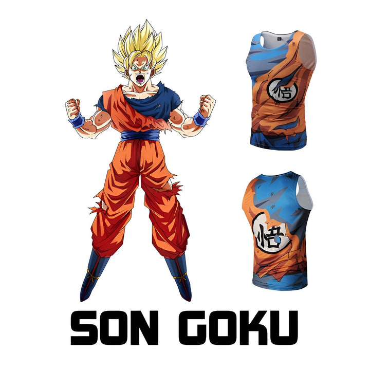 L'image représente un personnage de dessin animé, Son Goku, vêtu d'une combinaison orange et bleue déchirée. Il a les cheveux jaunes et les yeux bleus. Il est en position de combat, avec les poings serrés.,DS-102924880X,DS-0246837772,DS-1412378486,DS-172070340X,DS-2462884068,DS-5627603399