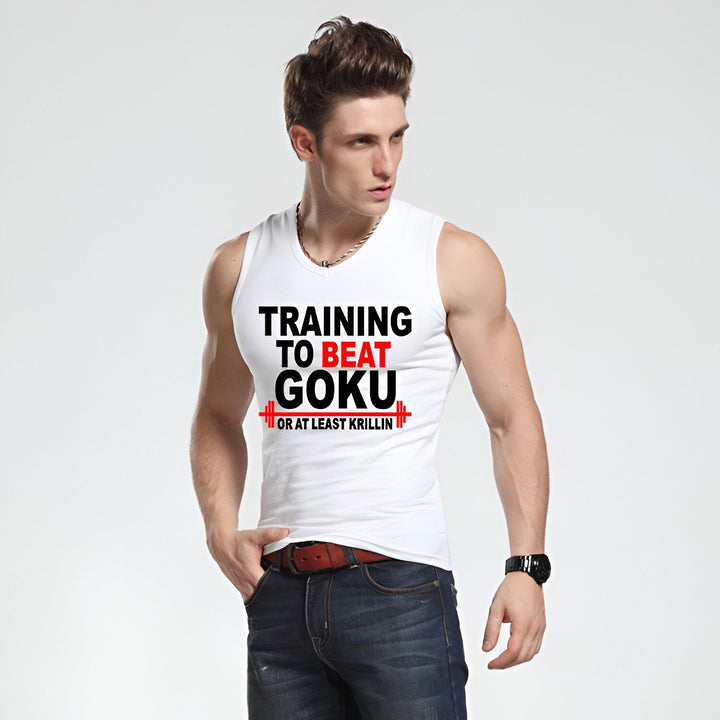 Un homme porte un débardeur blanc avec écrit dessus "Training to beat Goku or at least Krilin".,DS-1820074188,DS-4912136697,DS-9168130716,DS-1821577221,DS-4504184621,DS-4913117025,DS-9125523074,DS-0877768110,DS-5415492976,DS-0765171295,DS-5171594678,DS-5203321418,DS-4488968171,DS-1188415026,DS-082653774X