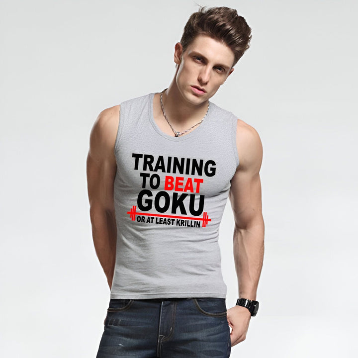 Un homme porte un débardeur gris avec un texte rouge et noir dessus. Le texte dit "Training to beat Goku or at least Krilin".,DS-1820074188,DS-4912136697,DS-9168130716,DS-1821577221,DS-4504184621,DS-4913117025,DS-9125523074,DS-0877768110,DS-5415492976,DS-0765171295,DS-5171594678,DS-5203321418,DS-4488968171,DS-1188415026,DS-082653774X