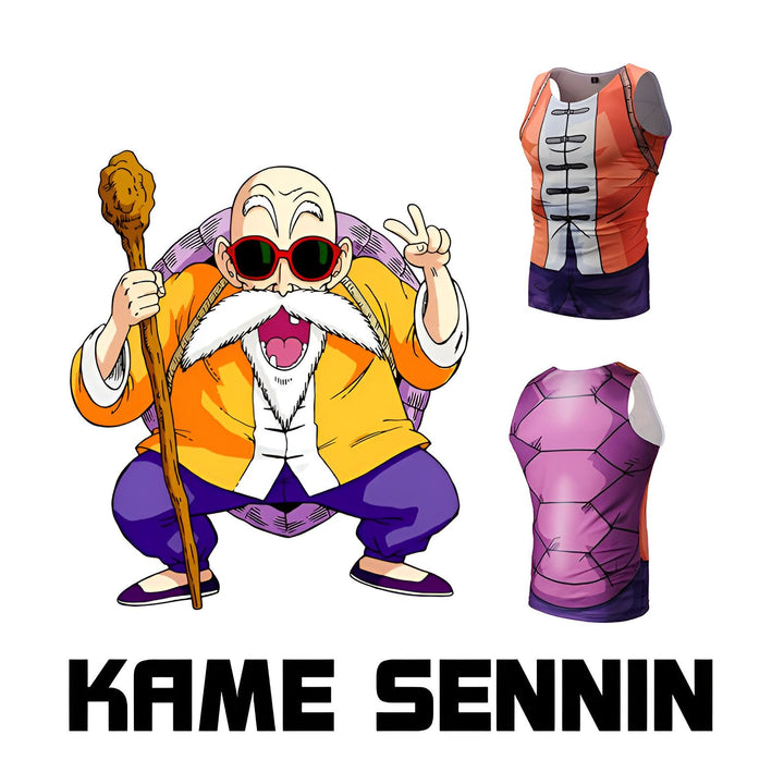 L'image représente un personnage de dessin animé portant une carapace de tortue et tenant un bâton. Il est vêtu d'un gilet orange et d'un pantalon violet. Il a une longue barbe blanche et des lunettes de soleil. Le texte en japonais sur l'image signifie "Kamé Sennin".,DS-929091498X,DS-2808265352,DS-0442364687,DS-2577698291,DS-2732861863