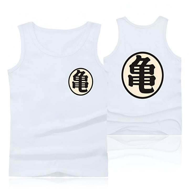 Le t-shirt blanc présente un symbole noir et jaune de la série animée Dragon Ball Z.