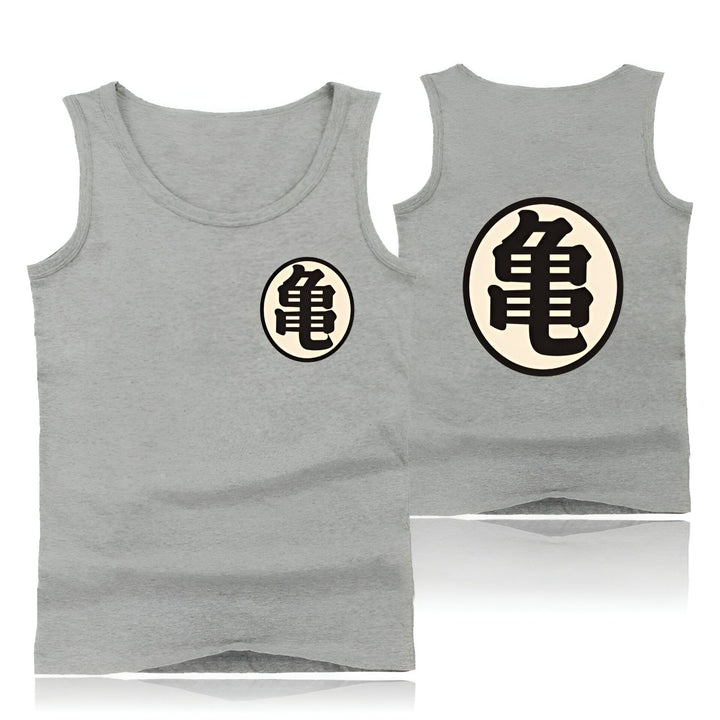Le dos et le devant d'un débardeur gris avec le symbole "Tortue" de Dragon Ball Z en noir.