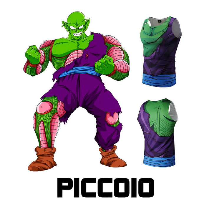 L'image représente un personnage de dessin animé, Piccolo, vêtu d'un débardeur violet et d'un pantalon orange. Il a la peau verte et des cheveux blancs. Il est en position de combat, avec les poings serrés et les jambes écartées. En arrière plan, on peut voir le même personnage de dos.,DS-3671195975,DS-4555300920,DS-158710170X,DS-5332556357,DS-5263042639,DS-3921312159
