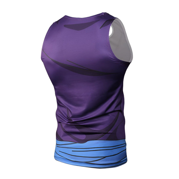 Le dos d'un débardeur violet et gris avec un motif de Vegeta, un personnage de Dragon Ball Z.,DS-4754145062,DS-4707145698,DS-4949305352,DS-0073142719,DS-3225750581,DS-6049106207