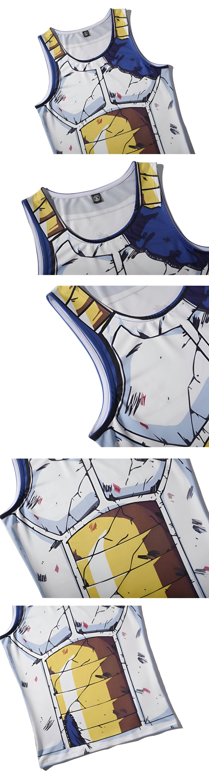 L'image montre un débardeur blanc et bleu avec une image de Vegeta, un personnage de la série animée Dragon Ball Z. Le débardeur est disponible en plusieurs tailles et est fabriqué en polyester.,DS-8569424590,DS-6503475268,DS-3612734660,DS-842661759X,DS-2936224896,DS-6374136144