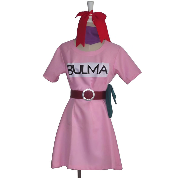 Une image d'une robe rose avec une ceinture verte et un nœud rouge dans les cheveux. Le texte "Bulma" est écrit sur la poitrine de la robe.,DS-1687299196,DS-1754015395,DS-6271128335,DS-0841930619,DS-5328783115,DS-7416510236