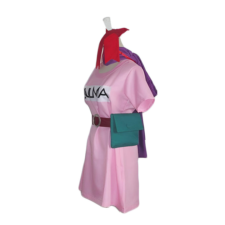 Une image d'un costume de Bulma de Dragon Ball Z. Le costume est rose et violet avec une ceinture verte et un sac à main.,DS-1687299196,DS-1754015395,DS-6271128335,DS-0841930619,DS-5328783115,DS-7416510236