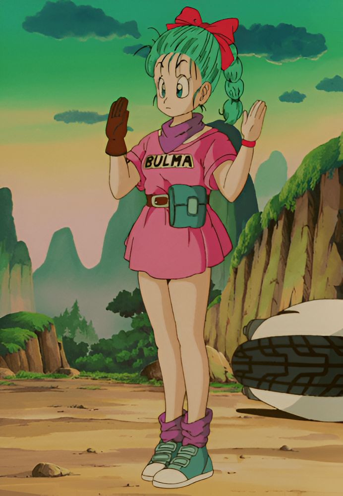 Bulma est une jeune femme aux cheveux verts et aux yeux bleus. Elle porte une combinaison rose et un t-shirt blanc avec le logo "Bulma" écrit dessus. Elle est également vêtue de gants marron et de bottes blanches. Elle se tient debout dans une pose confiante, les mains sur les hanches. En arrière-plan, on peut apercevoir un paysage montagneux.,DS-1687299196,DS-1754015395,DS-6271128335,DS-0841930619,DS-5328783115,DS-7416510236
