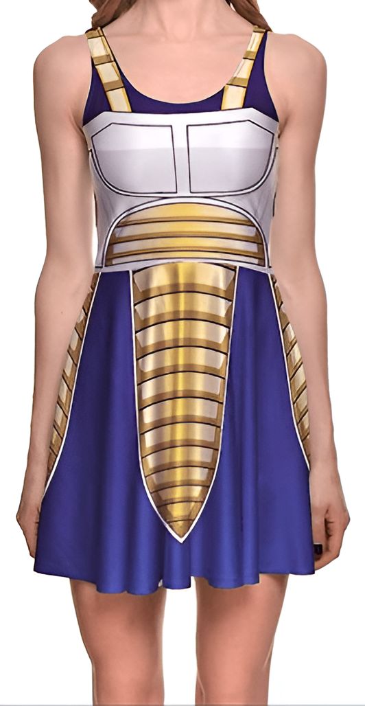 Une robe bleue et blanche avec des épaulettes et une cuirasse dorées. La robe est inspirée du personnage de Vegeta, un prince Saiyan de la série Dragon Ball Z.,DS-6213841806,DS-7936082824,DS-2423033621,DS-4429858616,DS-2149317672,DS-8073331497