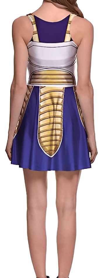 Une robe de couleur bleu et blanche avec des épaulettes et une ceinture dorées. La robe est inspirée du personnage de Vegeta dans Dragon Ball Z.,DS-6213841806,DS-7936082824,DS-2423033621,DS-4429858616,DS-2149317672,DS-8073331497