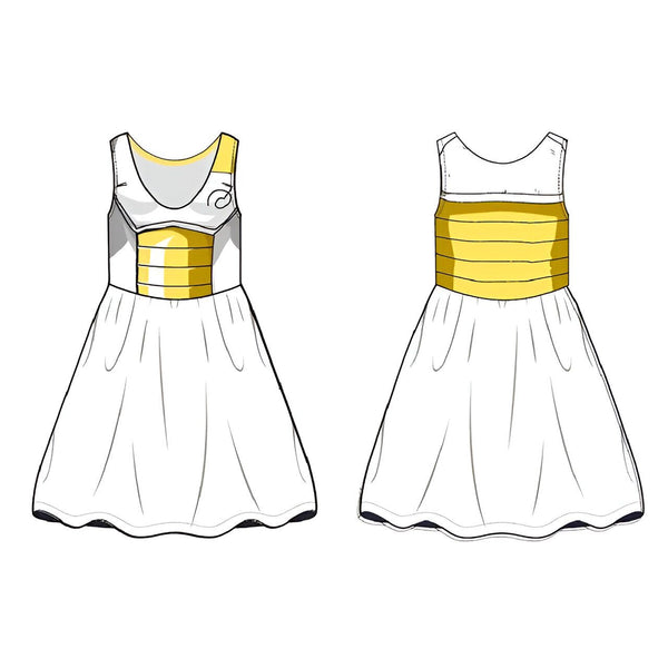 Une robe blanche avec des épaulettes et une ceinture jaunes. La robe est inspirée du personnage Vegeta de la série Dragon Ball Z.,DS-6497220003,DS-2648082476,DS-7163024657,DS-3596158192,DS-915362436X,DS-2116501628