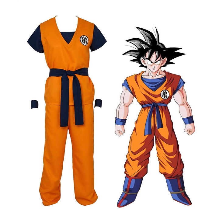 L'image représente un costume de Son Goku, un personnage de la série animée Dragon Ball Z. Le costume est composé d'un pantalon orange, d'une chemise bleue et d'une ceinture noire.,DS-8012429535,DS-0707817579,DS-6972897270,DS-4702631713,DS-3316540512
