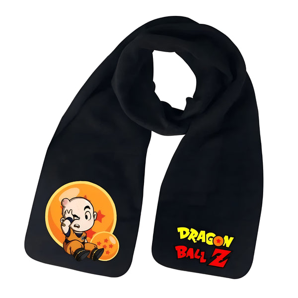 Une écharpe noire avec le logo Dragon Ball Z en orange et un Krilin souriant avec ses mains sur sa tête.,É-7140759383