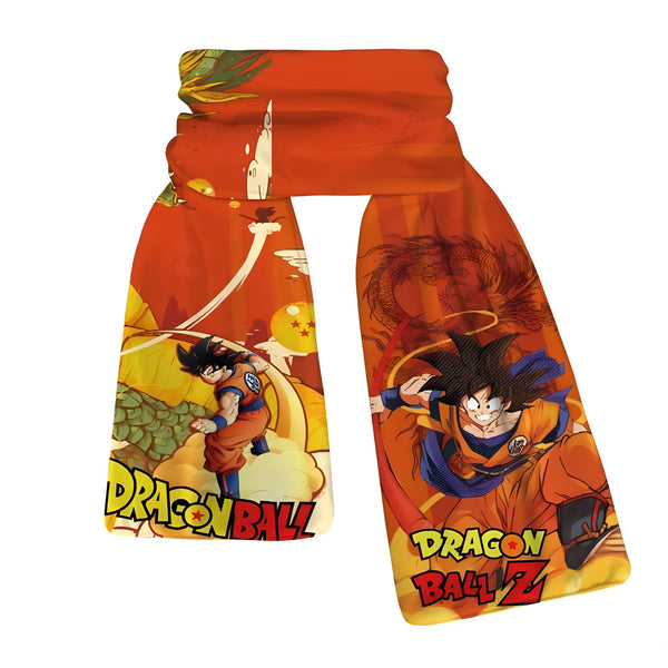 Une écharpe orange avec des motifs de Dragon Ball Z. On peut y voir Goku, le personnage principal de la série, en train de se battre contre un dragon.,É-6086269963