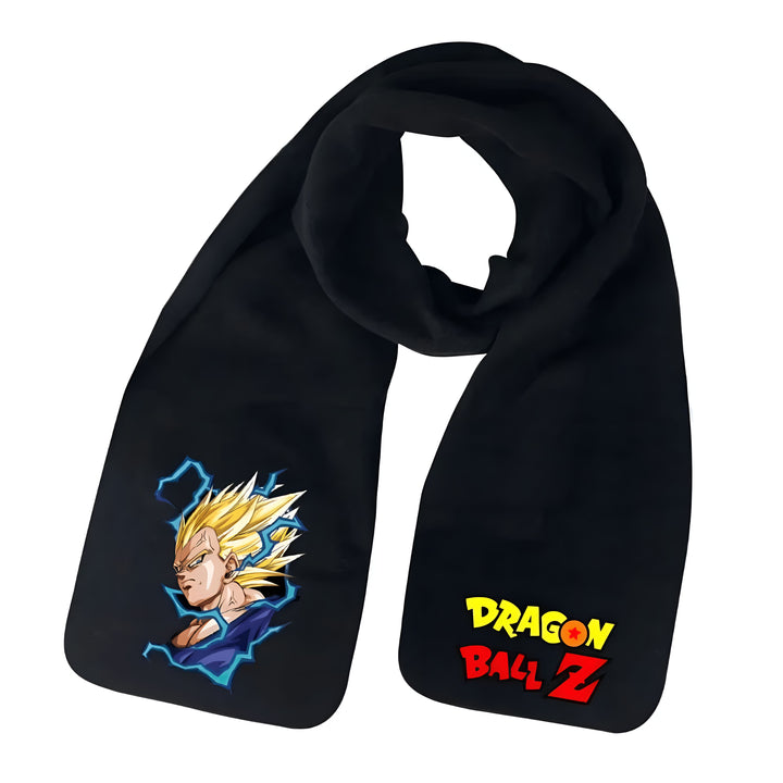 Une écharpe noire avec le logo Dragon Ball Z en rouge et jaune et un personnage de la série, Vegeta, en bleu et jaune.,É-7224800945