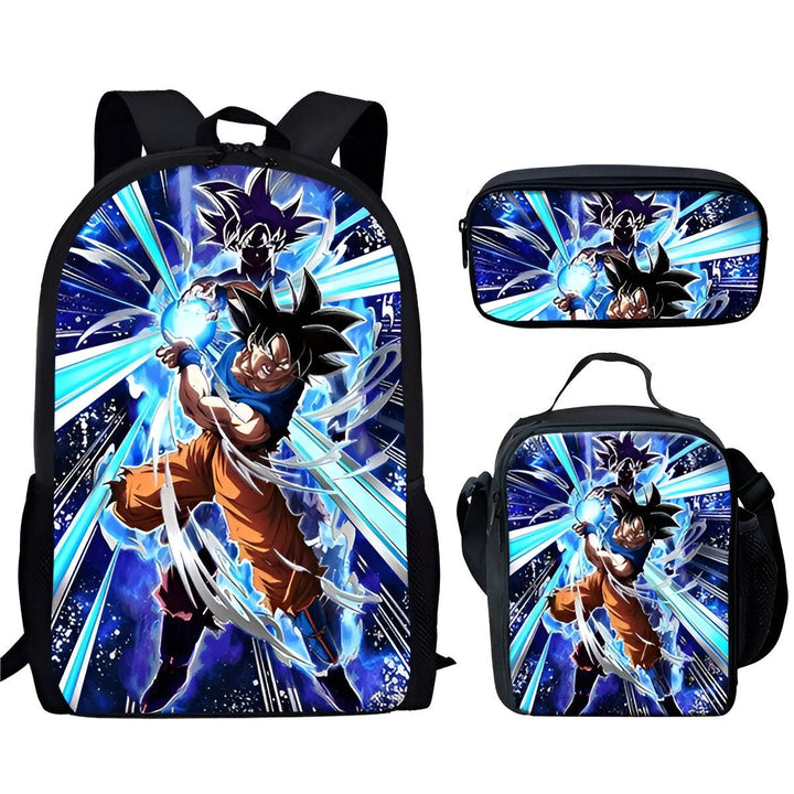 Le cartable bleu avec un motif de Goku, le personnage principal de la série animée Dragon Ball Z. Il porte une combinaison orange et bleue et est en train de tirer une boule d'énergie bleue. Le cartable est accompagné d'une trousse et d'un sac à dos assortis.,EN-1622801091,EN-7407948097,EN-8790436237,EN-3193418773,EN-0279162561,EN-5944906480,EN-9615344613