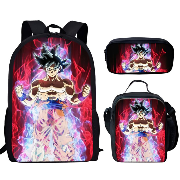 L'image représente un sac à dos, une trousse et un sac à déjeuner Dragon Ball Z. Le sac à dos est noir avec une image de Goku, le personnage principal de la série, en train de se battre. La trousse est noire avec une image de Vegeta, un autre personnage de la série. Le sac à déjeuner est noir avec une image de Gohan, le fils de Goku.,EN-1622801091,EN-7407948097,EN-8790436237,EN-3193418773,EN-0279162561,EN-5944906480,EN-9615344613