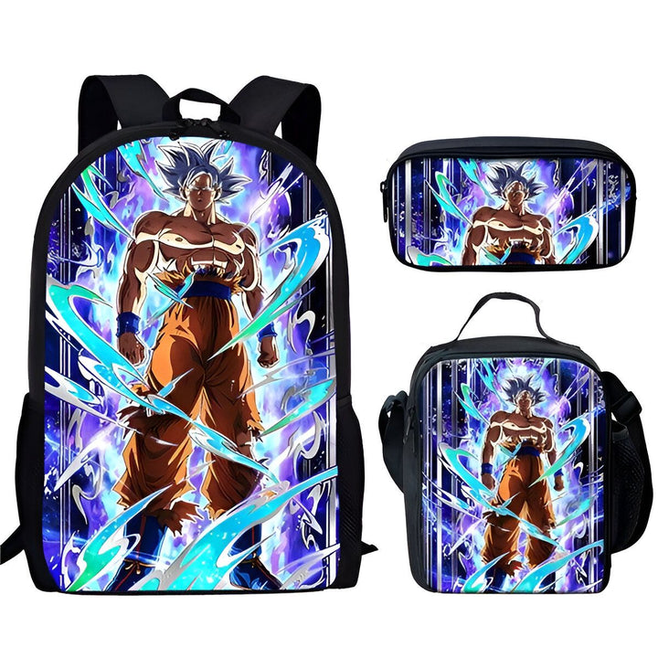 L'image représente un sac à dos, un sac à déjeuner et une trousse. Le sac à dos est bleu et noir avec une image de Son Goku, un personnage de Dragon Ball Z. Le sac à déjeuner est noir avec une image de Son Goku. La trousse est noire avec une image de Son Goku.,EN-1622801091,EN-7407948097,EN-8790436237,EN-3193418773,EN-0279162561,EN-5944906480,EN-9615344613