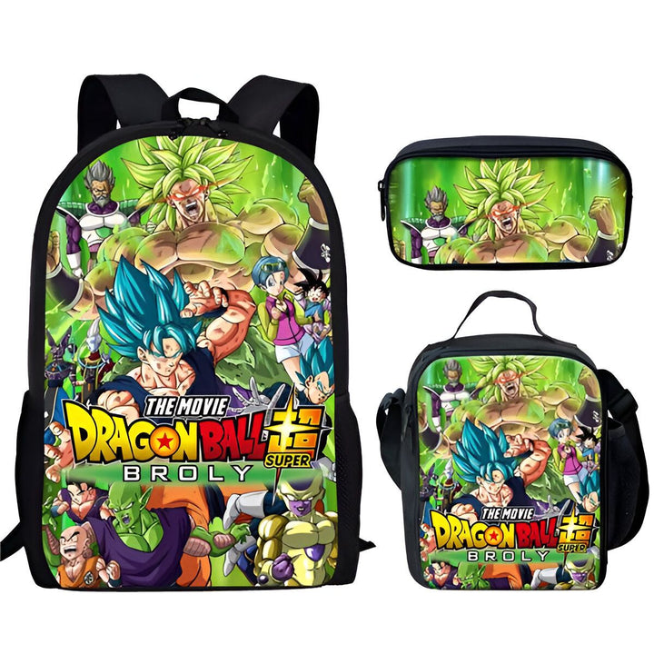 L'image représente un sac à dos, une trousse et un sac à déjeuner Dragon Ball Super. Le sac à dos est vert avec une image de Broly, Goku et Vegeta. La trousse est verte avec une image de Goku et Vegeta. Le sac à déjeuner est noir avec une image de Broly.,EN-1622801091,EN-7407948097,EN-8790436237,EN-3193418773,EN-0279162561,EN-5944906480,EN-9615344613