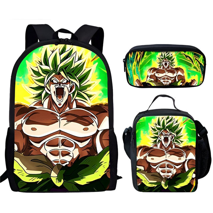 L'image représente un sac à dos, une trousse et un sac à déjeuner Dragon Ball Z. Le sac à dos est vert et noir avec une image de Broly, un personnage de Dragon Ball Z. La trousse est noire avec une image de Broly. Le sac à déjeuner est noir avec une image de Broly.,EN-1622801091,EN-7407948097,EN-8790436237,EN-3193418773,EN-0279162561,EN-5944906480,EN-9615344613